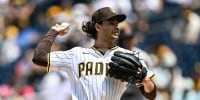 Aug 21, 2025; San Diego, California, USA; San Diego Padres starting pitcher Dylan Cease (84) delivers during the first inning against the San Francisco Giants at Petco Park. Mandatory Credit: Denis Poroy-Imagn Images