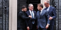 Ukraine's President Volodymyr Zelenskyy, left, and France's President Emmanuel Macron shake hands on the 10 Downing Street doorstep after a meeting with Britain's Prime Minister Keir Starmer, center, and Germany's Chancellor Friedrich Merz, right