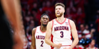 Dec 6, 2025; Tucson, Arizona, USA; Arizona Wildcats guard Anthony Dell’Orso (3) celebrates during the first half of the game against the Auburn Tigers at McKale Memorial Center. Mandatory Credit: Aryanna Frank-Imagn Images