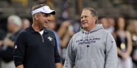 Aug 22, 2015; New Orleans, LA, USA; New Orleans Saints head coach Sean Payton and New England Patriots head coach Bill Belichick talk before their game at the Mercedes-Benz Superdome. Mandatory Credit: Chuck Cook-Imagn Images