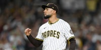 Sep 27, 2025; San Diego, California, USA; San Diego Padres relief pitcher Robert Suarez (75) pumps his fist after the Padres beat the Arizona Diamondbacks at Petco Park. Mandatory Credit: Denis Poroy-Imagn Images