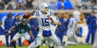 JACKSONVILLE, FLORIDA - DECEMBER 7: Riley Leonard #15 of the Indianapolis Colts throws against the Jacksonville Jaguars at EverBank Field on December 7, 2025 in Jacksonville, Florida. (Photo by Mike Carlson/Getty Images)