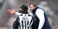 FOXBOROUGH, MASSACHUSETTS - DECEMBER 14: Mike Vrabel of the New England Patriots reacts during the first quarter of a game against the Buffalo Bills at Gillette Stadium on December 14, 2025 in Foxborough, Massachusetts. (Photo by Jordan Bank/Getty Images)