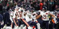 PHILADELPHIA, PENNSYLVANIA - NOVEMBER 28: Elijah Hicks #22 of the Chicago Bears celebrates during an NFL football game against the Philadelphia Eagles at Lincoln Financial Field on November 28, 2025 in Philadelphia, Pennsylvania. (Photo by Perry Knotts/Getty Images)