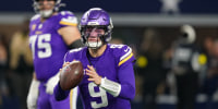 Dec 14, 2025; Arlington, Texas, USA; Minnesota Vikings quarterback J.J. McCarthy (9) drops to throw during the first half against the Dallas Cowboys at AT&amp;T Stadium. Mandatory Credit: Raymond Carlin III-Imagn Images