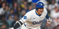 Los Angeles Dodgers designated hitter Shohei Ohtani (17) celebrates as he runs for first on an RBI single in the sixth inning of the MLB National League Wild Card Game 2 between the Los Angeles Dodgers and the Cincinnati Reds at Dodger Stadium in Los Angeles on Wednesday, Oct. 1, 2025. The Reds were eliminated from the postseason with an 8-4 loss to the reigning World Series Champions Dodgers.