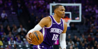 Dec 21, 2025; Sacramento, California, USA; Sacramento Kings guard Russell Westbrook (18) dribbles the ball during the first quarter against the Houston Rockets at Golden 1 Center. Mandatory Credit: Sergio Estrada-Imagn Images