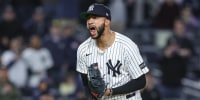 Apr 15, 2025; Bronx, New York, USA; New York Yankees relief pitcher Devin Williams (38) celebrates after recording a save in a 4-2 win against the Kansas City Royals at Yankee Stadium. All players wore #42 for Jackie Robinson Day. Mandatory Credit: Wendell Cruz-Imagn Images