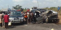 In this photo provided by the Federal Road Safety Corps, people gather at the accident scene of British boxer Anthony Joshua in Lagos, Nigeria, on Monday, Dec. 29, 2025. 