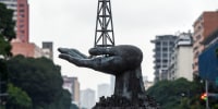 View of the Peace Monument sculpture in front of the Petroleos de Venezuela.