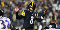 Pittsburgh Steelers quarterback Aaron Rodgers tries to quiet the crowd during a game against the Baltimore Ravens on Jan. 4, 2026.