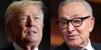 A split composite image of Donald Trump, left, and Chuck Schumer