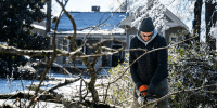 A man works on cleaning downed tree limbs