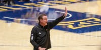 Jan 10, 2026; Morgantown, West Virginia, USA; Kansas Jayhawks head coach Bill Self calls out a play during the second half against the West Virginia Mountaineers at Hope Coliseum. Mandatory Credit: Ben Queen-Imagn Images