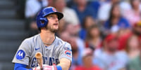 Aug 23, 2025; Anaheim, California, USA; Chicago Cubs outfielder Kyle Tucker (30) hits a two-run home run against the Los Angeles Angels during the third inning at Angel Stadium. Mandatory Credit: Jonathan Hui-Imagn Images