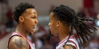 Indiana's Nick Dorn (7) celebrates with Lamar Wilkerson (3) during the Indiana versus Washington mens basketball game at Simon Skjodt Assembly Hall on Sunday, Jan. 4, 2026.