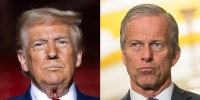 A split composite image of Donald Trump, left, and John Thune