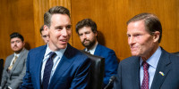 Senator Josh Hawley, Subcommittee Ranking Member, and Senator Richard Blumenthal, Subcommittee Chair, speak before a Senate Judiciary Subcommittee hearing on Artificial Intelligence, at the U.S. Capitol, in Washington, D.C., on Tuesday, July 25, 2023.
