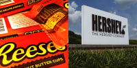 Composite of Reese's Peanut Butter Cups and signage outside of Hershey Co. headquarters