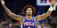 Jan 22, 2026; Philadelphia, Pennsylvania, USA; Philadelphia 76ers guard Kelly Oubre Jr. (9) celebrates after an overtime win against the Houston Rockets at Xfinity Mobile Arena. Mandatory Credit: Bill Streicher-Imagn Images