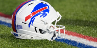 Sep 7, 2025; Orchard Park, New York, USA; Detailed view of Buffalo Bills helmet on the field prior to the first quarter against the Baltimore Ravens at Highmark Stadium. Mandatory Credit: Gregory Fisher-Imagn Images