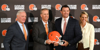 Feb 3, 2026; Berea, OH, USA; Cleveland Browns head coach Todd Monken, second left, poses with managing and principal partner Jimmy Haslam, left, managing partner JW Johnson, second right and managing partner Whitney Haslam Johnson during an introductory press conference at CrossCountry Mortgage Campus. Mandatory Credit: Ken Blaze-Imagn Images