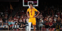Jan 31, 2026; Los Angeles, California, USA; Southern California Trojans guard Alijah Arenas (0) reacts against the Rutgers Scarlet Knights in the second half at Galen Center. Mandatory Credit: Kirby Lee-Imagn Images