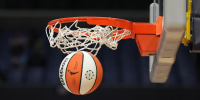 May 25, 2023; Los Angeles, California, USA; Wilson official basketball with WNBA logo goes through the net during the game between the LA Sparks and the Las Vegas Aces at Crypto.com Arena. Mandatory Credit: Kirby Lee-USA TODAY Sports