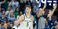 Feb 28, 2026; South Bend, Indiana, USA; Notre Dame Fighting Irish guard Cole Certa (5) celebrates making a 3-point shot during overtime at Purcell Pavilion at the Joyce Center. Mandatory Credit: Michael Caterina-Imagn Images