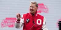 Ohio State University President Walter “Ted” Carter speaks at the NCAA Football Championship celebration on Jan. 26, 2025 in Columbus, Ohio.