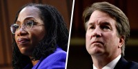 A split composite image of Kentanji Brown Jackson, left, and Brett Kavanaugh.