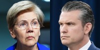 A split composite image of Elizabeth Warren, left, and Pete Hegseth