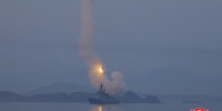 A strategic cruise missile test launch conducted on the destroyer Choe Hyon at an undisclosed location in North Korea on March 10.