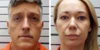 FILE - This combination of booking photos provided by the Muskogee County, Okla., Sheriff's Office shows Jon Hallford, left, and Carie Hallford, the owners of Return to Nature Funeral Home.