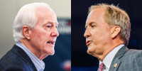 A split composite image of John Cornyn, left, and Ken Paxton