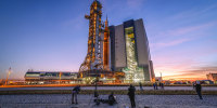 The Artemis II Space Launch System rocket and Orion spacecraft returns to the Vehicle Assembly Building at the Kennedy Space Center on Feb. 25, 2026. 