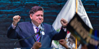Illinois Gov. JB Pritzker celebrates the primary win of Illinois Democratic Senate candidate Lt. Governor Juliana Stratton on March 17, 2026 in Chicago.