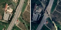 Satellite imagery of Qasmiyeh Highway Bridge, pictured left on March 17, and on Tuesday, right, following an Israeli airstrike.