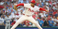 Oct 6, 2025; Philadelphia, Pennsylvania, USA; Philadelphia Phillies pitcher Jesus Luzardo (44) throws a pitch against the Los Angeles Dodgers in the first inning during game two of the NLDS round for the 2025 MLB playoffs at Citizens Bank Park. Mandatory Credit: Eric Hartline-Imagn Images