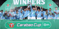 LONDON, ENGLAND - MARCH 22: Rodri and Erling Haaland of Manchester City lift the Carabao Cup trophy after the team's victory in the Carabao Cup Final match Arsenal and between Manchester City at Wembley Stadium on March 22, 2026 in London, England. (Photo by Julian Finney/Getty Images)