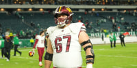 PHILADELPHIA, PENNSYLVANIA - JANUARY 4: Nick Allegretti #67 of the Washington Commanders looks on against the Philadelphia Eagles at Lincoln Financial Field on January 4, 2026 in Philadelphia, United States. (Photo by Mitchell Leff/Getty Images)