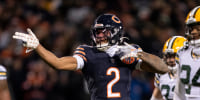 CHICAGO, ILLINOIS - JANUARY 10: DJ Moore #2 of the Chicago Bears reacts after running with the ball during an NFL wild card playoff game against the Green Bay Packers at Soldier Field on January 10, 2026 in Chicago, Illinois. (Photo by Michael Owens/Getty Images)