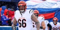 ORCHARD PARK, NEW YORK - DECEMBER 7: Dalton Risner #66 of the Cincinnati Bengals leads his team onto the field against the Buffalo Bills during the NFL 2025 game between Cincinnati Bengals and Buffalo Bills at Highmark Stadium on December 7, 2025 in Orchard Park, New York. (Photo by Jamie Schwaberow/Getty Images)