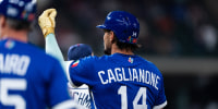 HOUSTON, TEXAS - MARCH 10: Jac Caglianone #14 of Italy celebrates a hit in the eighth inning during a World Baseball Classic Pool B game between Italy and the United States at Daikin Park on March 10, 2026 in Houston, Texas. (Photo by Houston Astros/Getty Images)