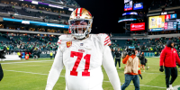 PHILADELPHIA, PENNSYLVANIA - JANUARY 11: Trent Williams #71 of the San Francisco 49ers celebrates after the NFC Wild Card playoff game against the Philadelphia Eagles at Lincoln Financial Field on January 11, 2026 in Philadelphia, Pennsylvania. (Photo by Lauren Leigh Bacho/Getty Images)