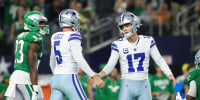 Nov 23, 2025; Arlington, Texas, USA; Dallas Cowboys kicker Brandon Aubrey (17) is congratulated by punter Bryan Anger (5) after his successful field goal against the Philadelphia Eagles in the fourth quarter at AT&amp;T Stadium. Mandatory Credit: Kevin Jairaj-Imagn Images
