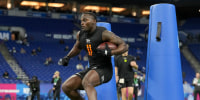 Feb 28, 2026; Indianapolis, IN, USA; Notre Dame running back Jeremiyah Love (RB11) during the NFL Scouting Combine at Lucas Oil Stadium. Mandatory Credit: Kirby Lee-Imagn Images