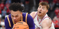 Mar 7, 2026; St. Louis, MO, USA;  Northern Iowa Panthers guard Trey Campbell (4) drives the ball as Bradley Braves guard Alex Huibregtse (3) defends during the second half at Enterprise Center. Mandatory Credit: Ron Johnson-Imagn Images