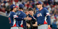 Mar 15, 2026; Miami, FL, United States; United States second baseman Brice Turang (13) and United States pitcher Mason Miller (19) celebrate after defeating the Dominican Republic in a semifinal game of the 2026 World Baseball Classic at loanDepot Park. Mandatory Credit: Sam Navarro-Imagn Images
