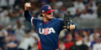 Mar 15, 2026; Miami, FL, United States; United States pitcher Paul Skenes (30) delivers a pitch against the Dominican Republic during a semifinal game of the 2026 World Baseball Classic at loanDepot Park. Mandatory Credit: Sam Navarro-Imagn Images